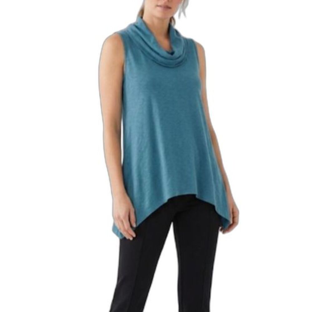Soft Surroundings Teal Blue Jersey Knit Cowl Neck Sleeveless Tunic Top Size S
